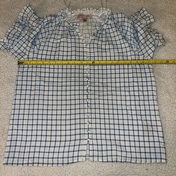 Philosophy Button Down Ruffle Sleeve White Blue Green Plaid Blouse Medium EUC - Picture 9 of 12